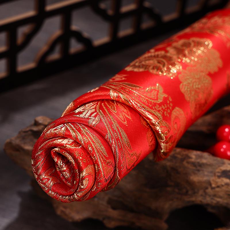 Red & Gold Phoenix Jacquard Satin Brocade Fabric - Chinese Wedding Dress