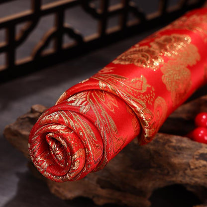 Red & Gold Phoenix Jacquard Satin Brocade Fabric - Chinese Wedding Dress