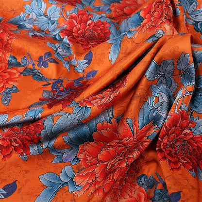 Blooming Tea Satin Silk Fabric: 59"W Floral Print Sewing Material