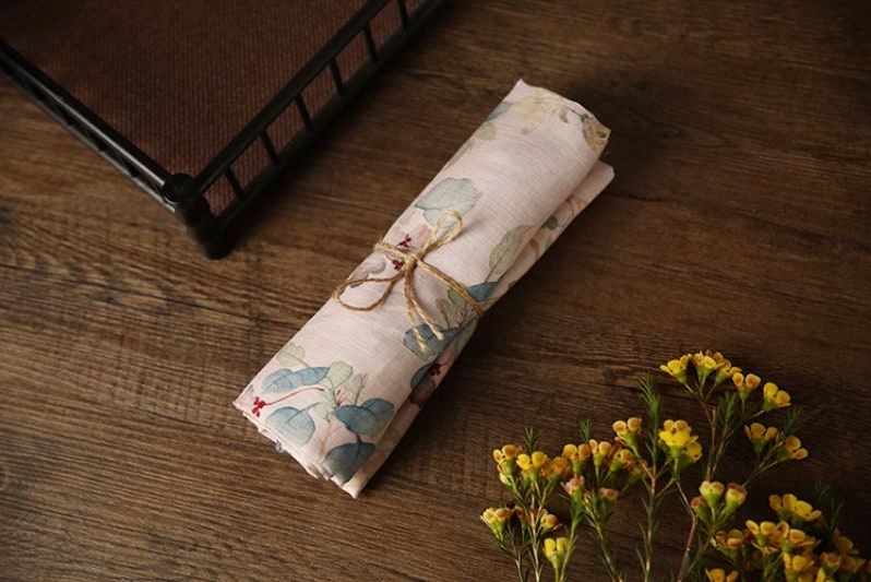 Floral Ramie Fabric: Dunhuang Ink Print, Natural Fiber, 57" Wide