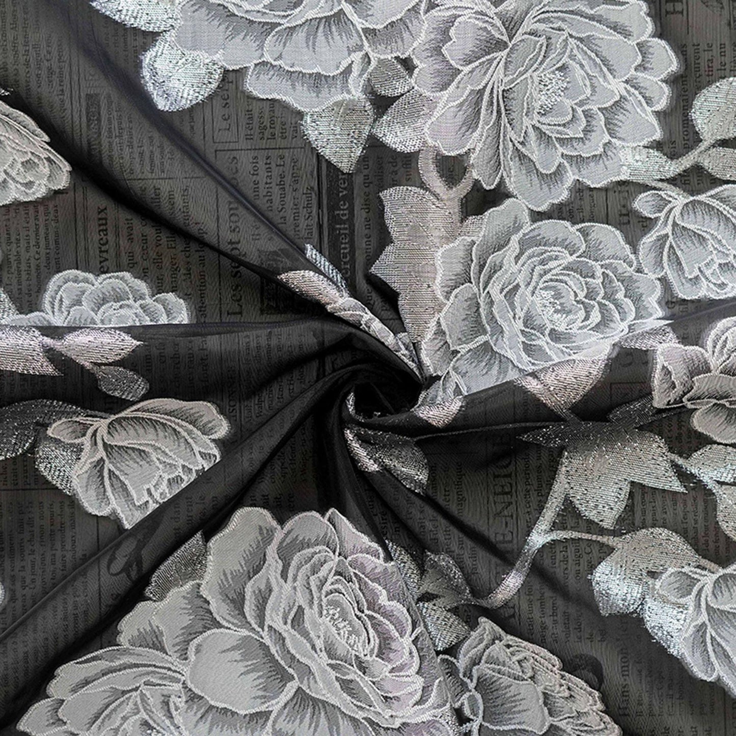 Black and white Peony Silver Thread Jacquard Semi-Sheer Fabric, 55"Wide