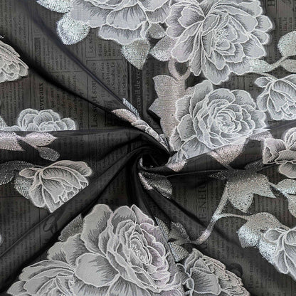 Black and white Peony Silver Thread Jacquard Semi-Sheer Fabric, 55"Wide