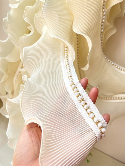 Ivory Pleated Chiffon Trim: Beaded Ruffled Fabric, 4.3" Width