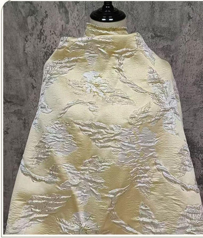 Yellow 3D Embossed Floral Jacquard Metallic Gold Luxury Fabric ��� Textured Brocade for Dress, Home Decor & Craf"Wide