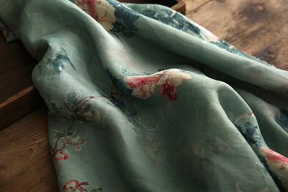 Tissu ramie imprimé floral : matériau de couture de style asiatique, 145 cm de large