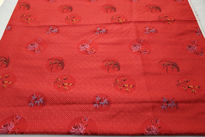 Chrysanthemum Brocade Fabric: 59" Wide Satin Silk Blend, Vintage Chinese Tapestry