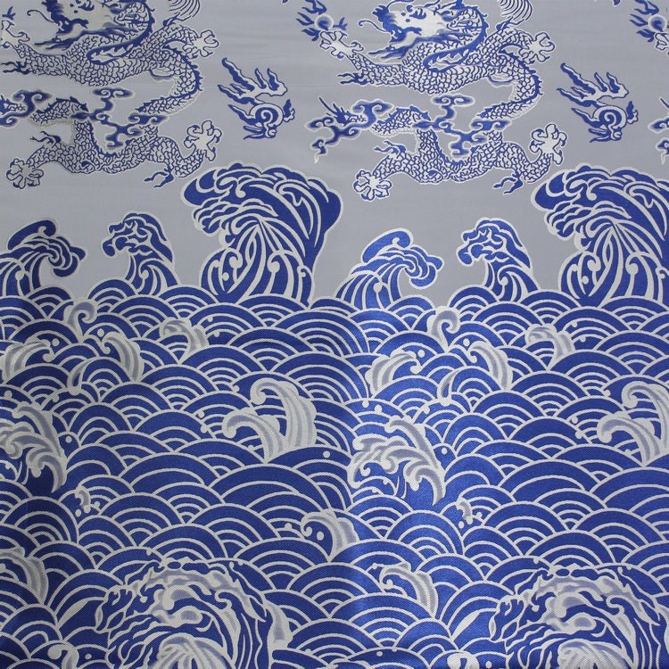 Tissu satin jacquard bleu et blanc à motif dragon : décoration de costume royal chinois