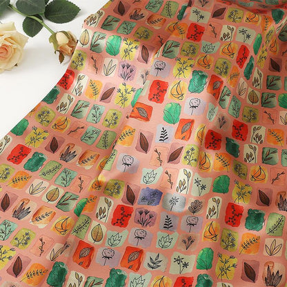 Tissu satiné de soie imprimé numériquement, motif thé : 150 cm de large, pour ameublement, costumes et loisirs créatifs.