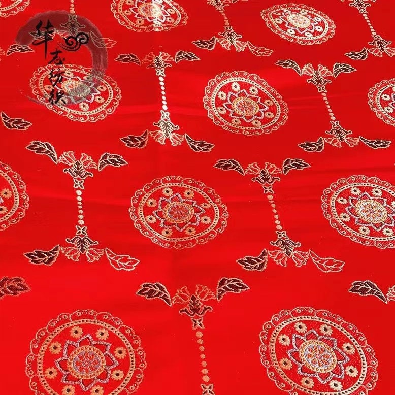 Tibetan Damask Brocade Fabric: Buddhism Inspired Rayon, 29.5"W, By The Meter