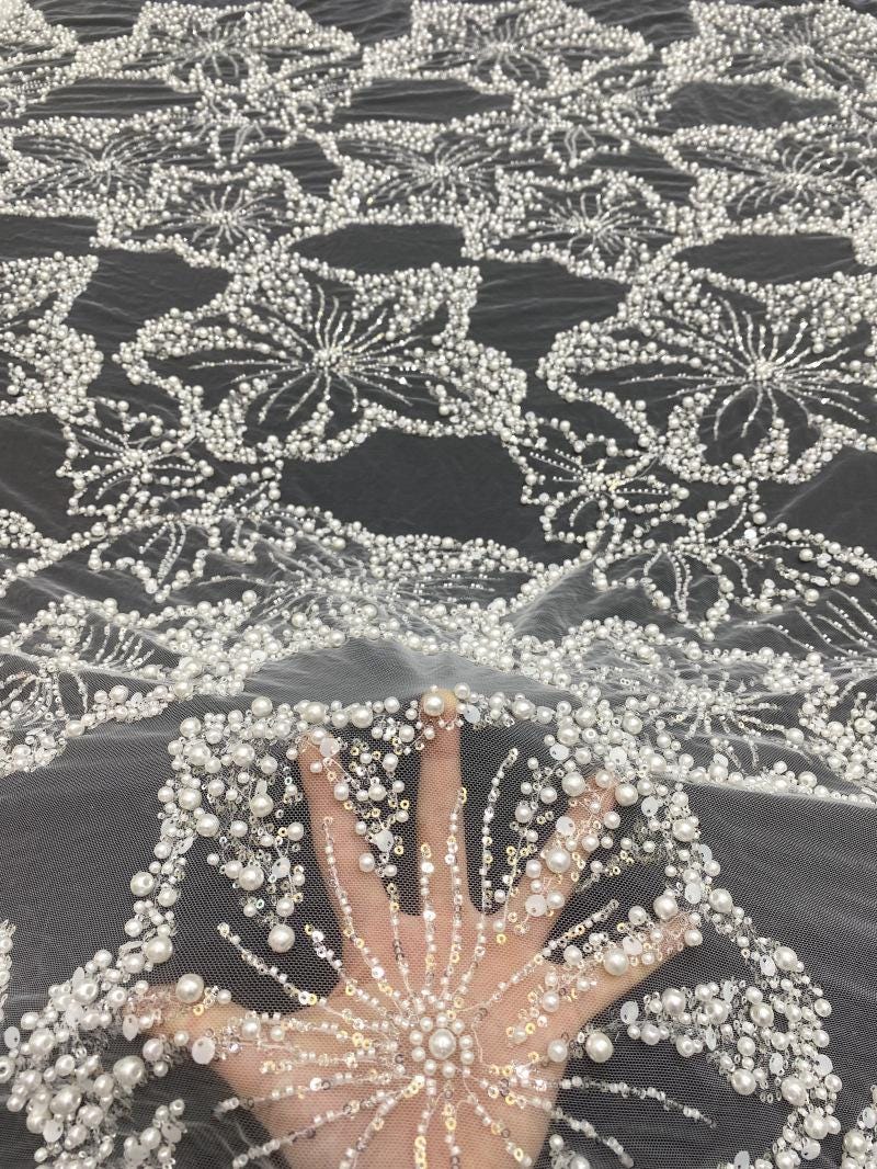 Pearl & Sequin Embroidered Fabric ��� 4/6/8mm Beads, Luxury Bridal Gown Material, Wedding Dress, Couture Sewing, High-End Fashion Fabr"W