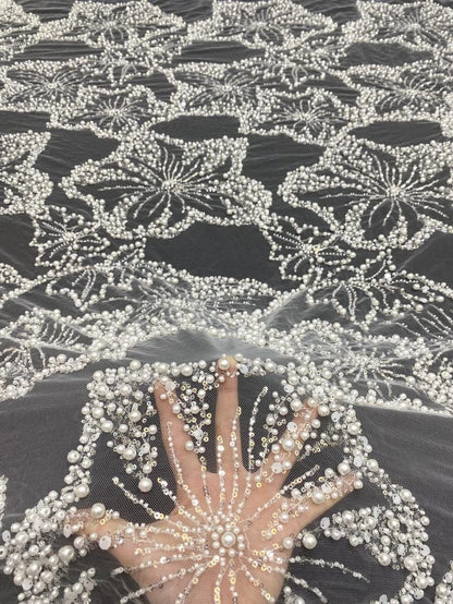 Pearl & Sequin Embroidered Fabric ��� 4/6/8mm Beads, Luxury Bridal Gown Material, Wedding Dress, Couture Sewing, High-End Fashion Fabr"W