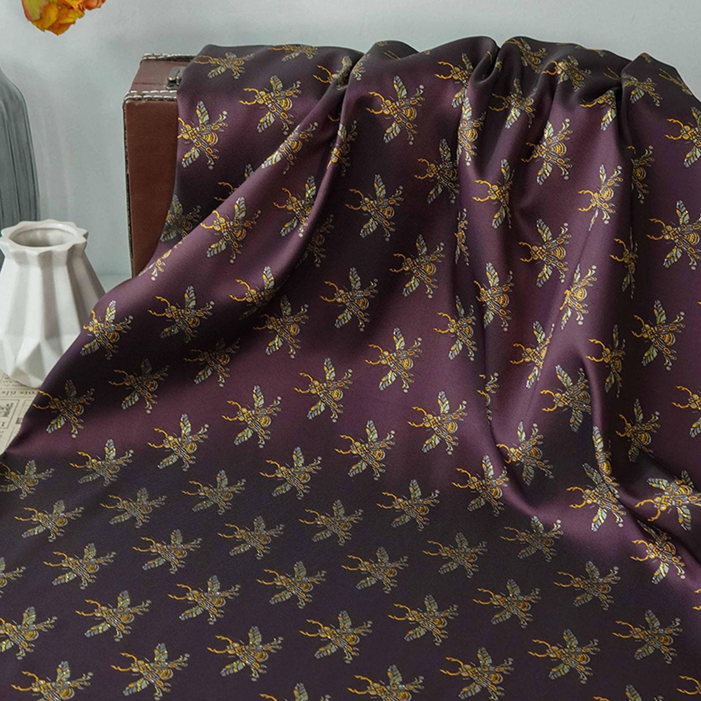 Plum Red Bee Jacquard Brocade Fabric ��� Asian Sty" Wide