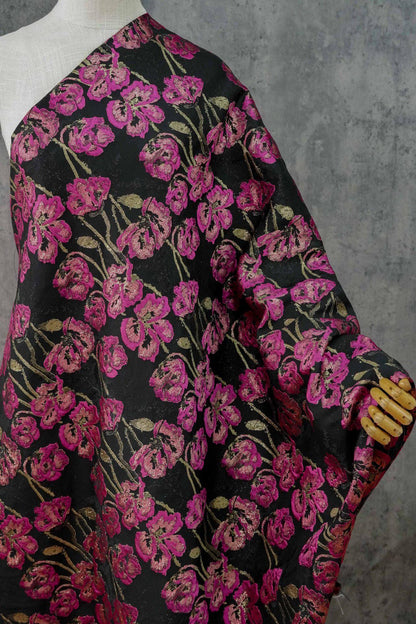 Black Jacquard Brocade Fabric | Pink Floral Gold Thread, 65"W