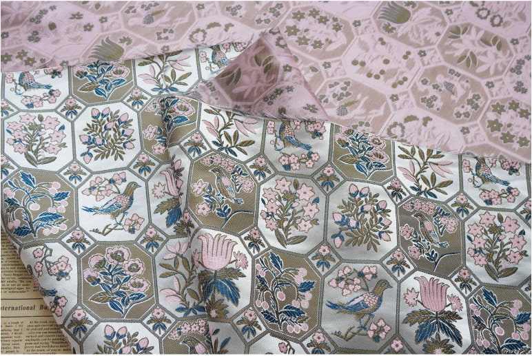 Floral Bird Satin Fabric: 59" Wide Rayon Drapery Material