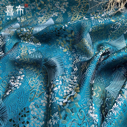 Tissu japonais Nishijin bleu sarcelle : Brocart de soie pour la couture