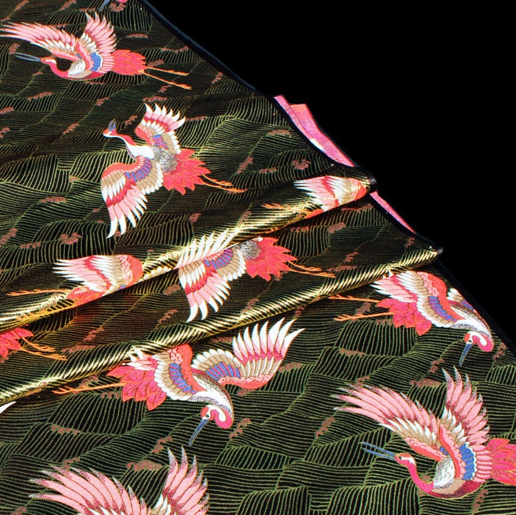 Crane Pattern Jacquard Satin Fabric: 58"W Rayon Brocade by the Meter