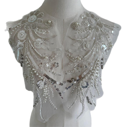 Embroidered Lace Trim: Beaded Sequin Applique - Bridal Wedding Dress (By Pair)