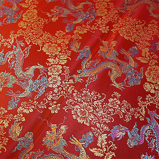 Dragon Brocade Fabric: Colorful Jacquard Satin, Home Decor (35"W)