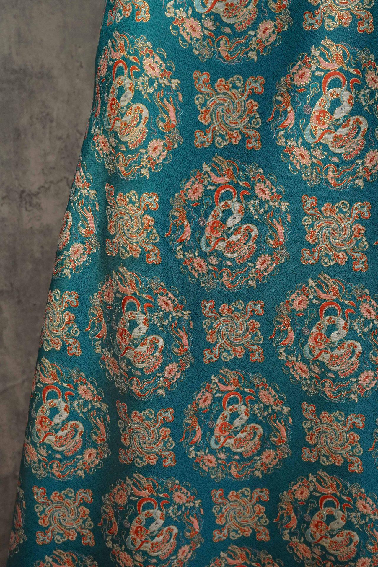Cyan Brocade Fabric: Chinese Dynasty Jacquard Polyester, 66" Wide