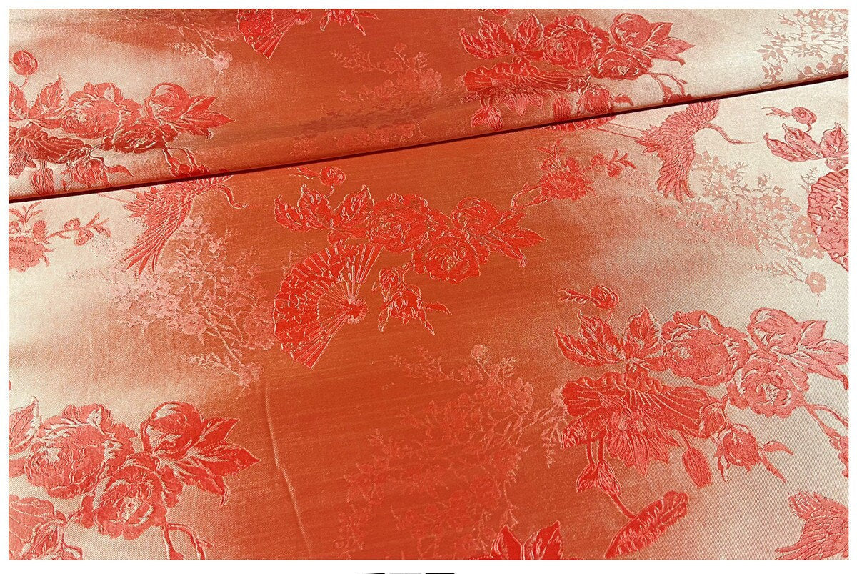 Crane Jacquard Satin Fabric: Red Bird Pattern, 29" Wide, By The Meter