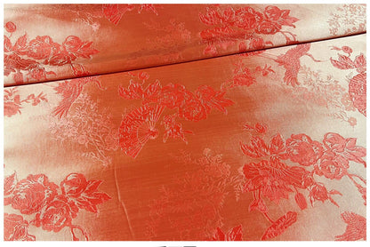 Crane Jacquard Satin Fabric: Red Bird Pattern, 29" Wide, By The Meter