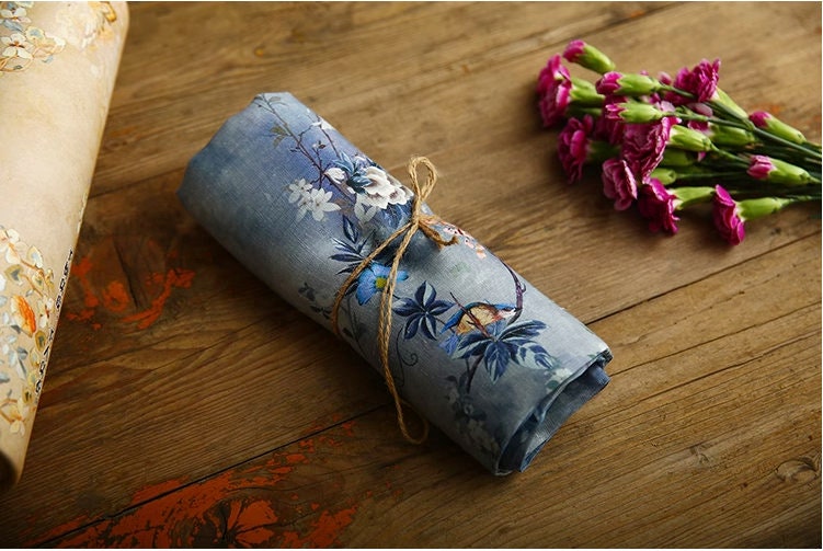 Floral Ramie Fabric: Birds and Flowers Print, 55" Wide, Sewing & Upholstery