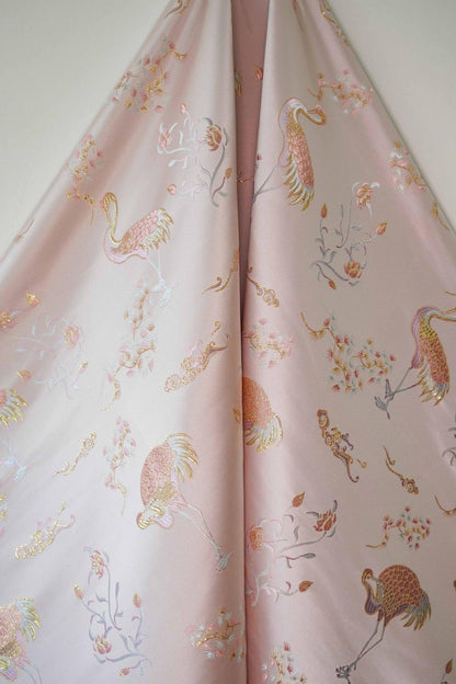 Metallic Brocade Fabric: Damask Jacquard Satin with Crane Design - 57"W
