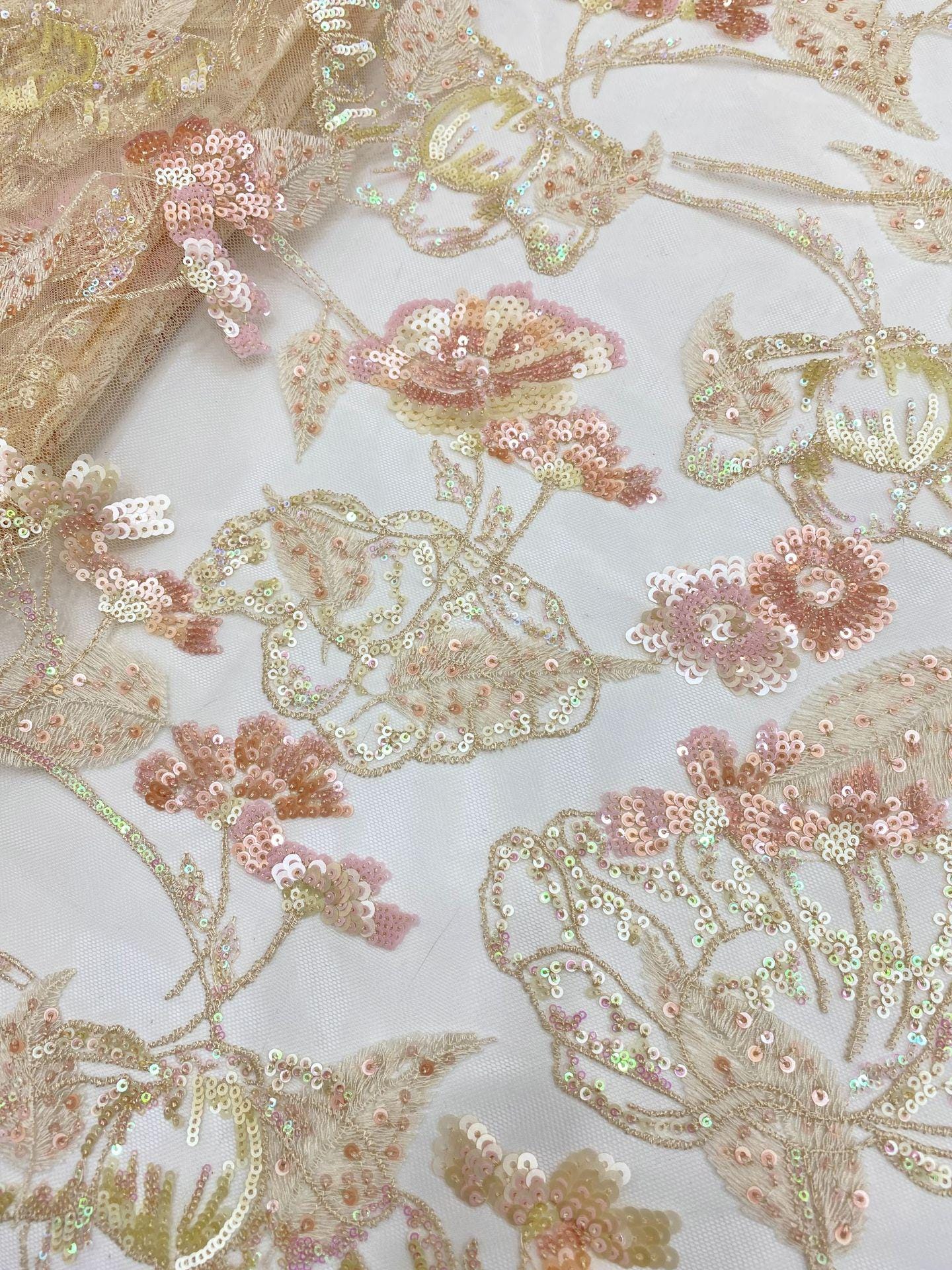 Colorful Sequin Embroidered Mesh Lace Fabric, Floral Wedding Dress Material, 49"W