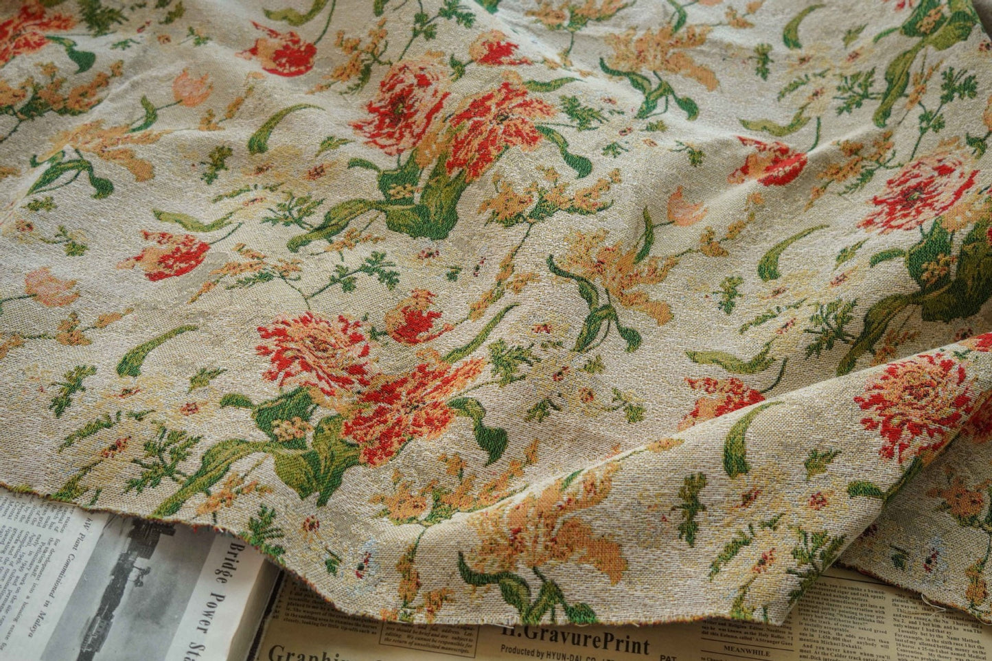 Floral Jacquard Fabric: Retro Big Flower Upholstery, 59" Wide
