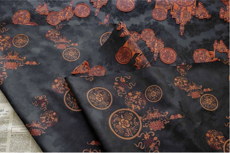 Black Botanical Print Fabric: Floral Cloud Yarn Upholstery, 59" Wide
