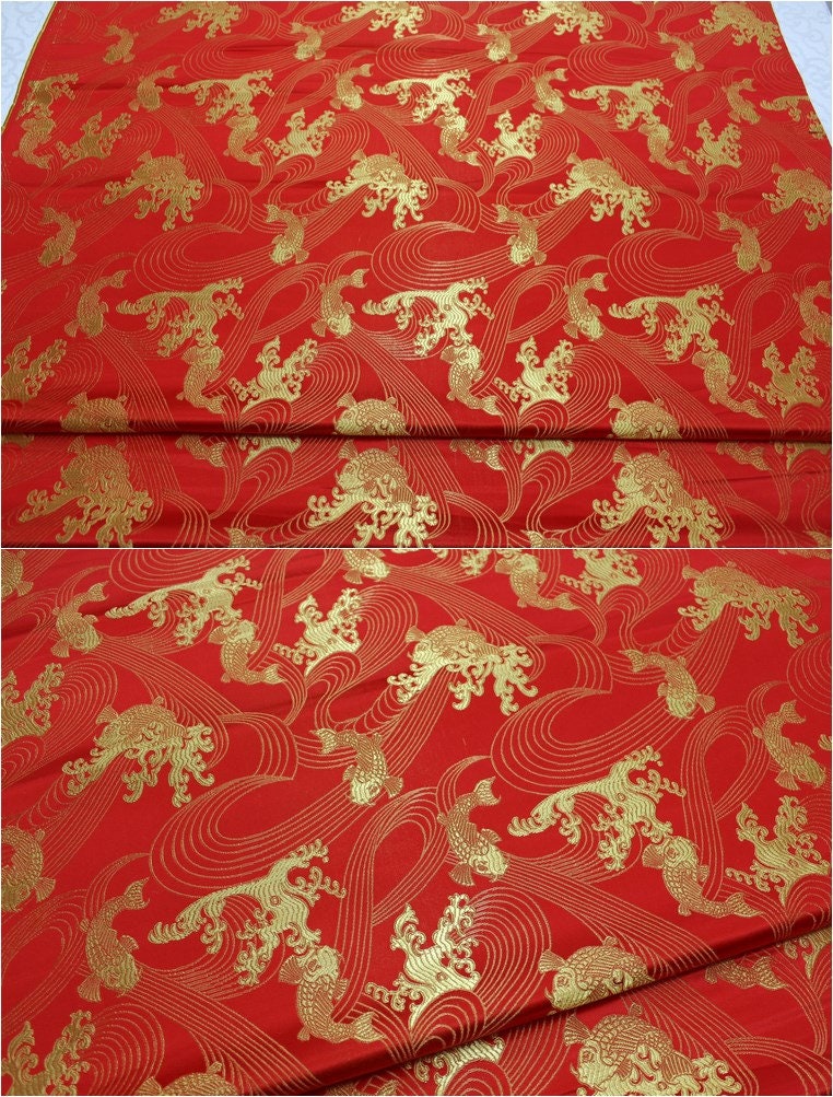 Golden Fish Silk Brocade Fabric: Red Cheongsam Fabric (29.5"W)