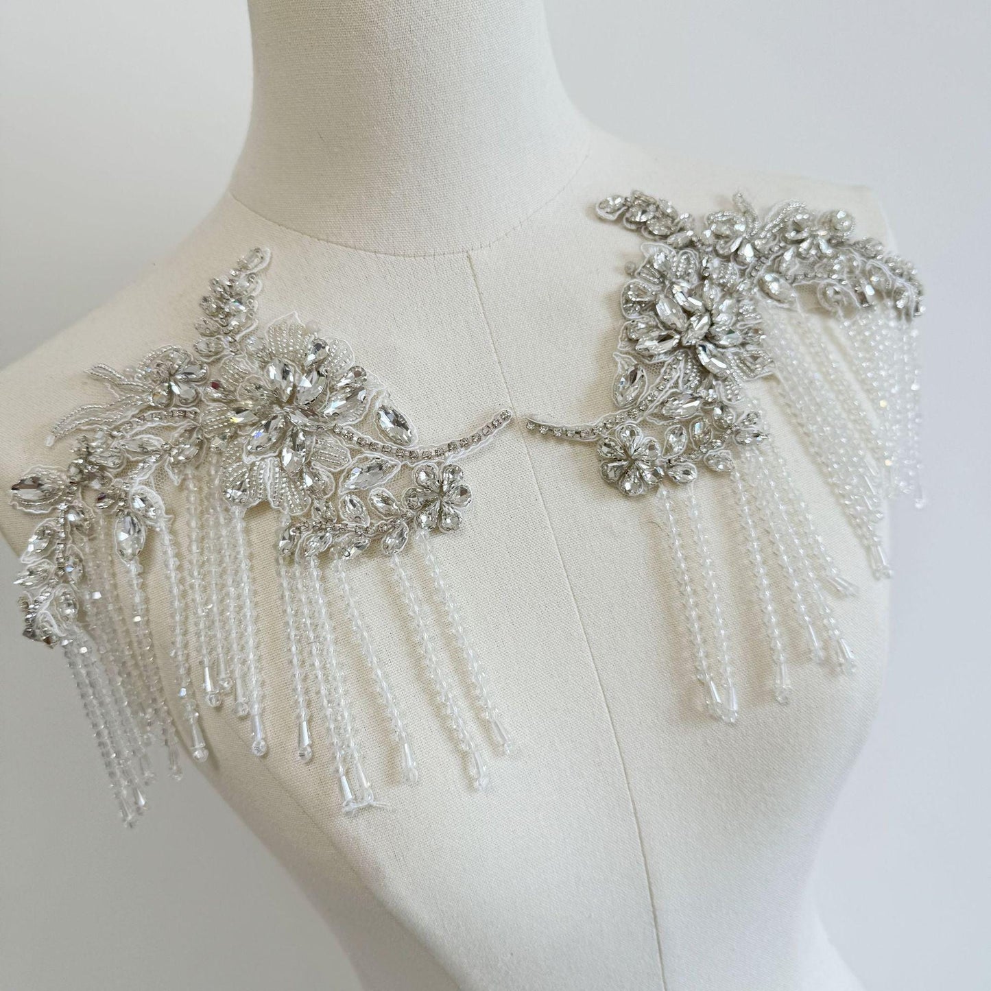 Embroidered Lace Trim: Ivory Sequin Tassel Applique (20cm Pair)