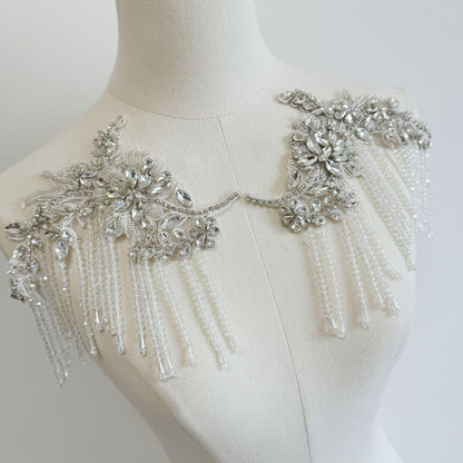 Embroidered Lace Trim: Ivory Sequin Tassel Applique (20cm Pair)