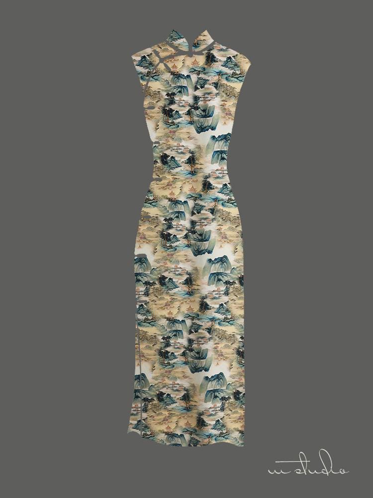 Tissu en coton à motif de peinture à l'encre de Chine : paysage ancien, 140 cm de large