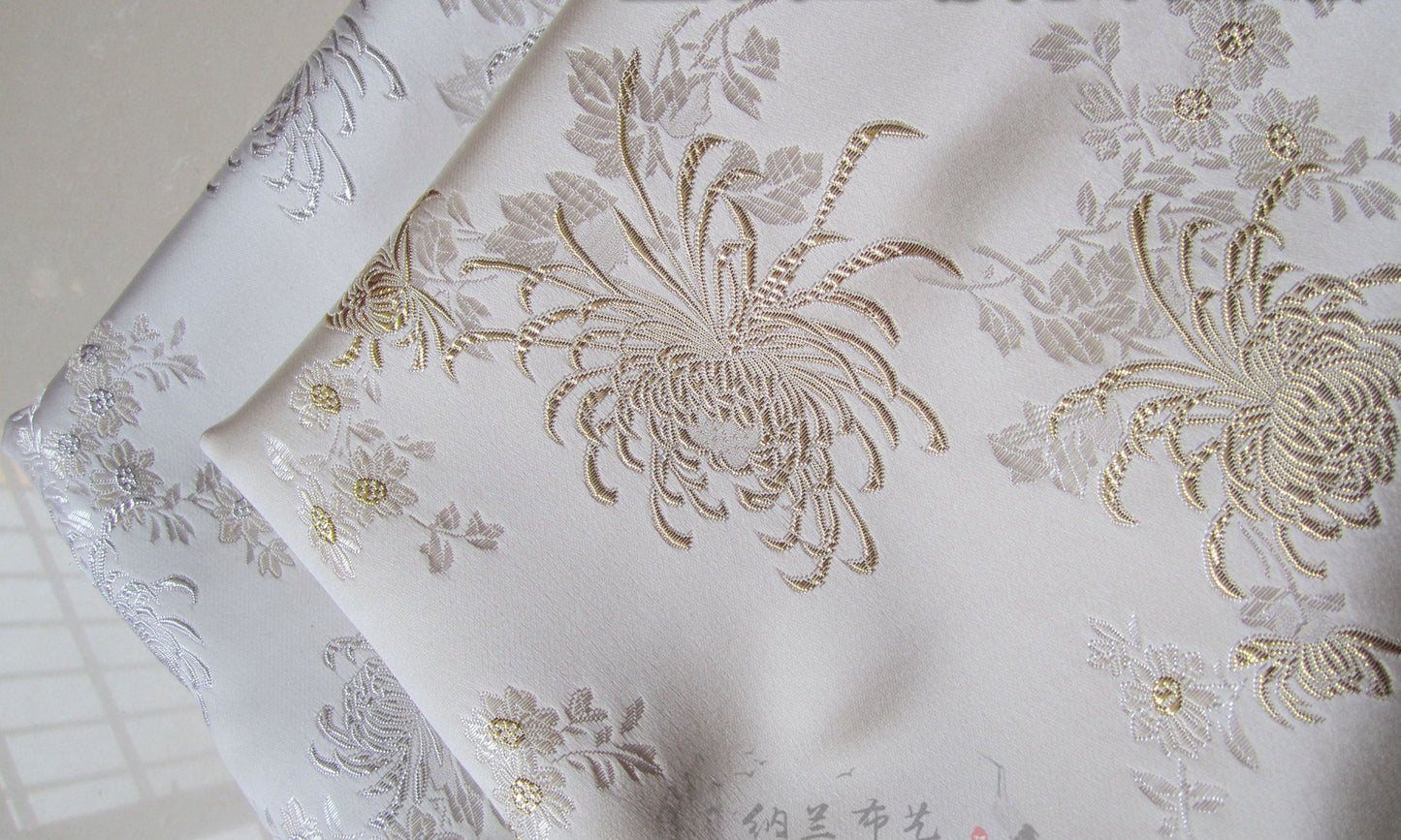 White Chrysanthemum Silk Brocade Fabric: Cheongsam Qipao Sewing Material (29.5"W)