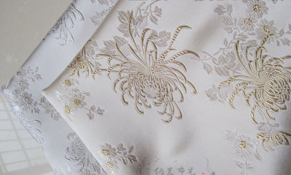 White Chrysanthemum Silk Brocade Fabric: Cheongsam Qipao Sewing Material (29.5"W)