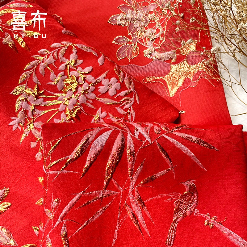 Red & Gold Jacquard Fabric: 3D Texture Designer Fabric, 56" Wide