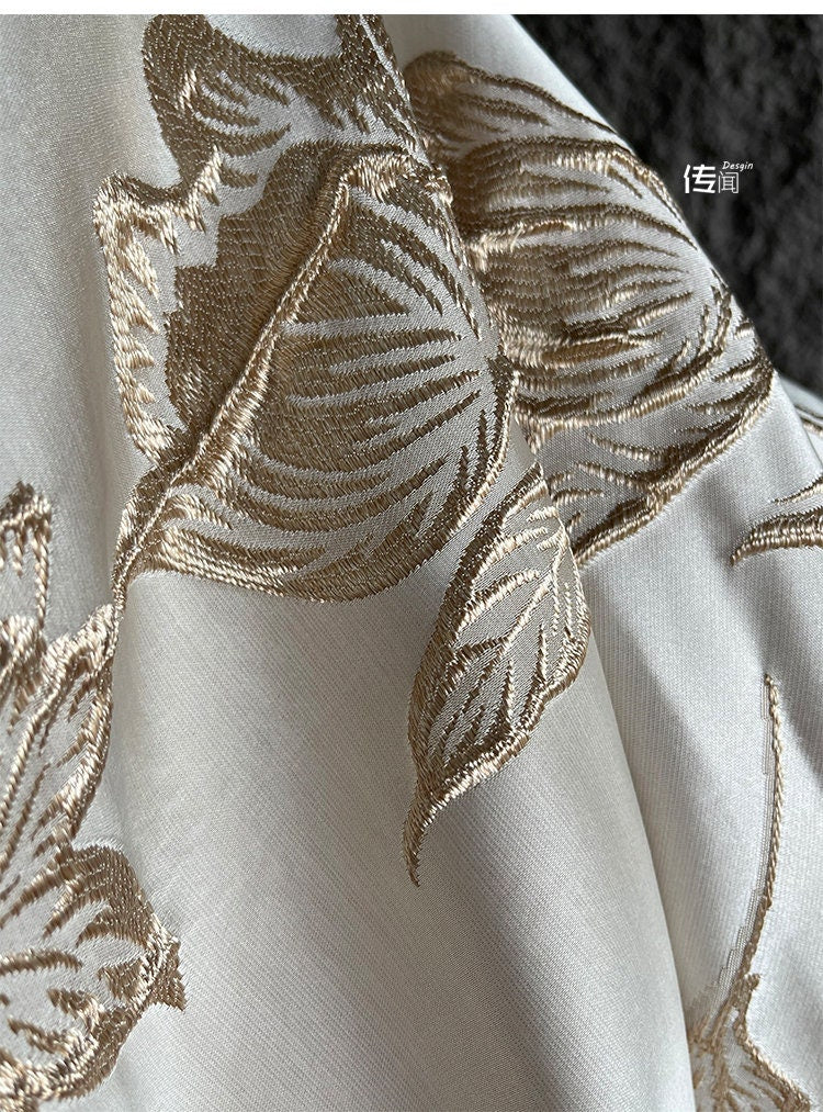 Champagne Magnolia Embroidered Jacquard Fabric: 57"W Floral Upholstery