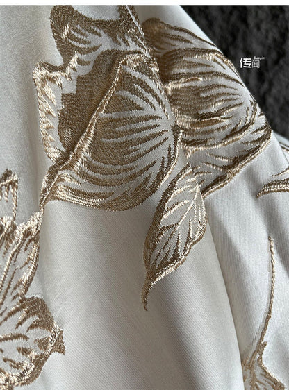 Champagne Magnolia Embroidered Jacquard Fabric: 57"W Floral Upholstery