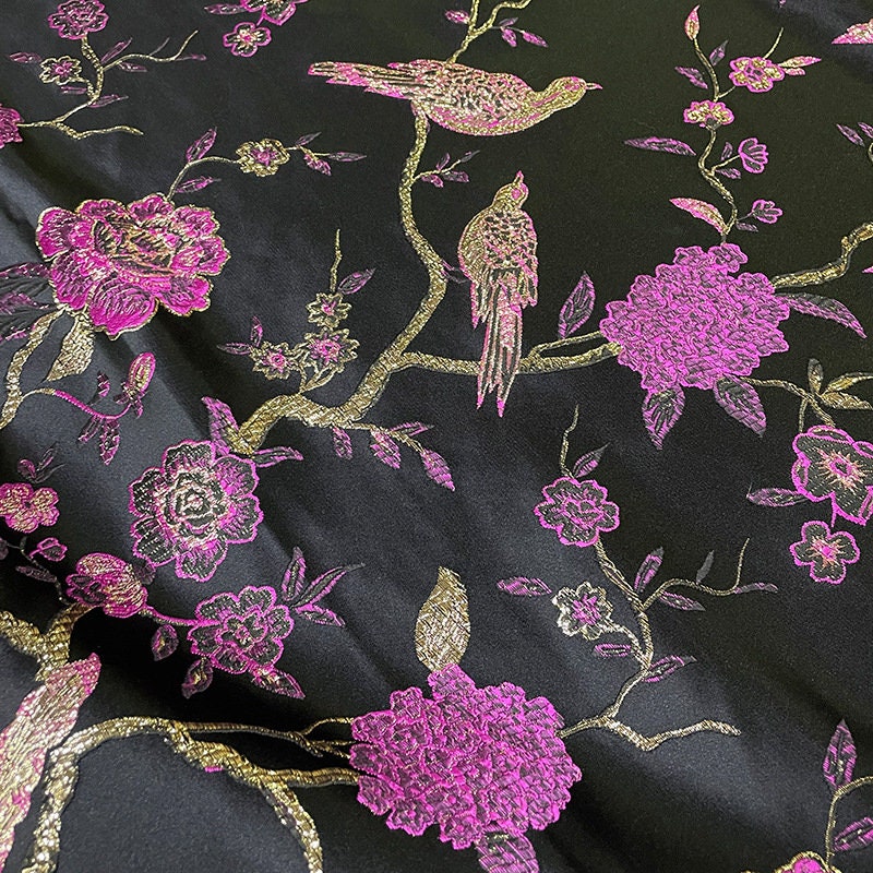 Metallic Brocade Fabric: Damask Jacquard Satin, 57"W, Floral Bird Pattern
