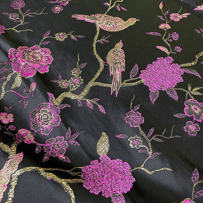 Metallic Brocade Fabric: Damask Jacquard Satin, 57"W, Floral Bird Pattern