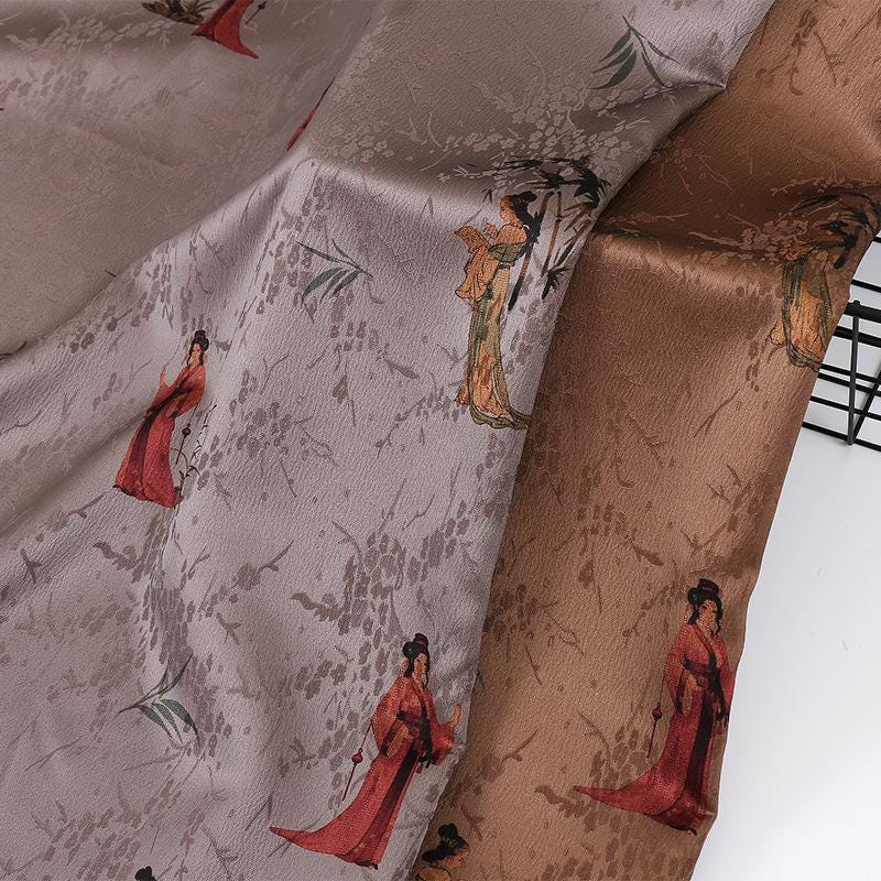 Damask Silk Fabric: Ancient Lady Pattern, Upholstery Sewing Material (59"W)