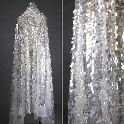Silver Sequin Mesh Fabric, Hand Embroidered Water Drop Design, 59" Wide
