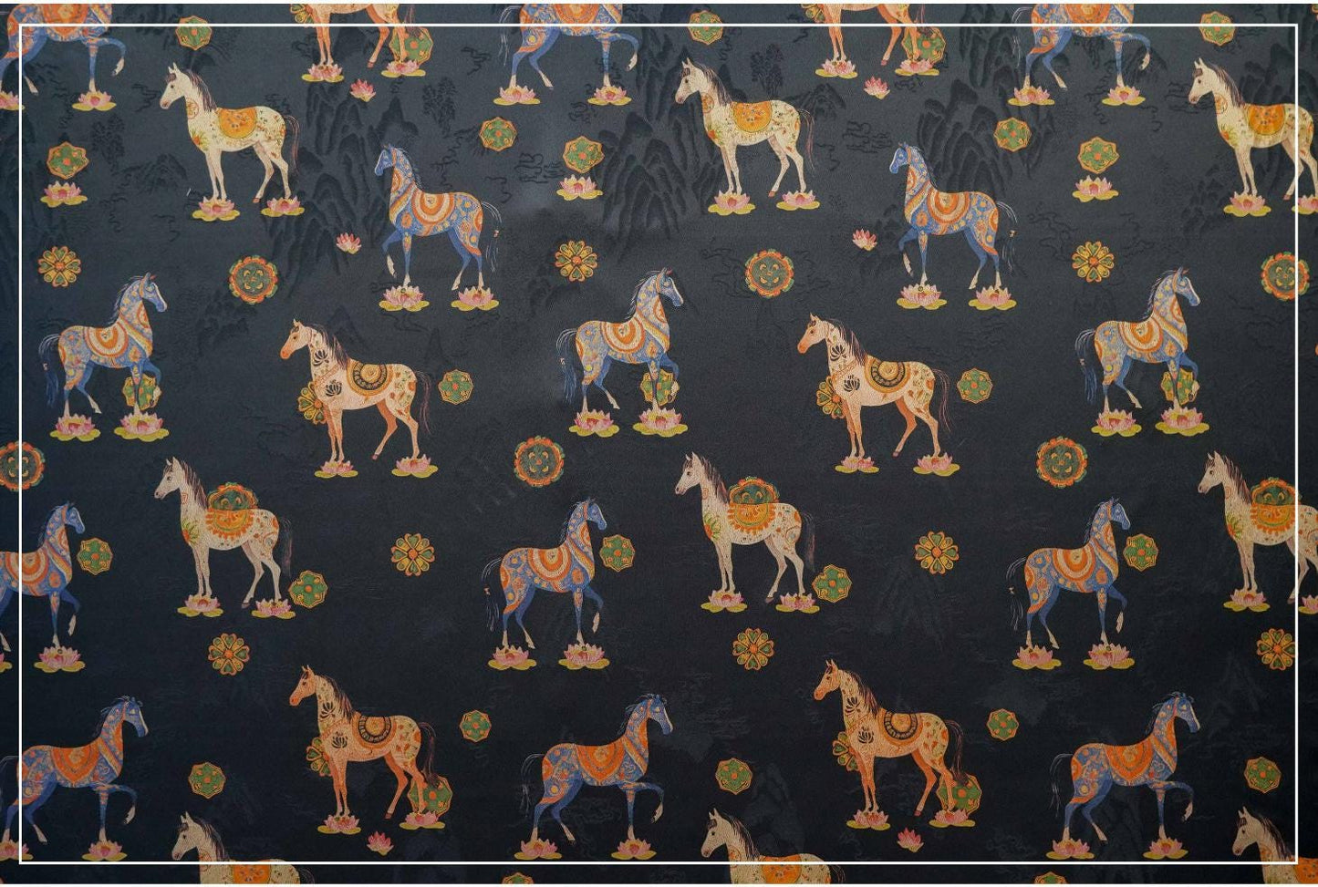 Horse Jacquard Tea Silk Fabric, Chinese Symbolic Textile, 59"W