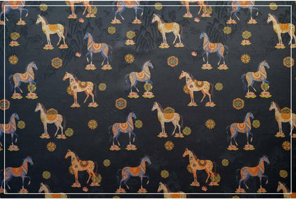 Horse Jacquard Tea Silk Fabric, Chinese Symbolic Textile, 59"W