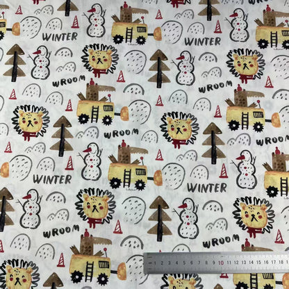 Tissu en coton à motifs animaux d'hiver : bonhomme de neige, lion, tracteur
