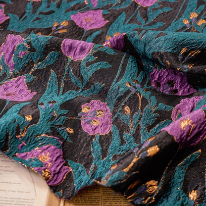 Tissu jacquard à fils dorés : motif tulipe rétro 3D, 142 cm de large