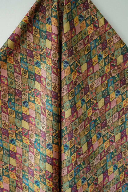 Floral Diamond Tea Satin Fabric, Dark Green Digital Print, 59" Wide