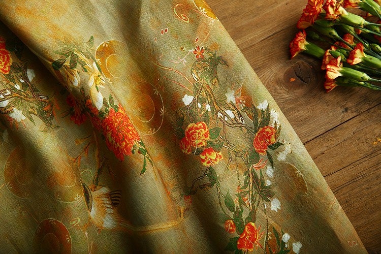 Tissu ramie peint à l'encre de Dunhuang : motif floral, 145 cm de large