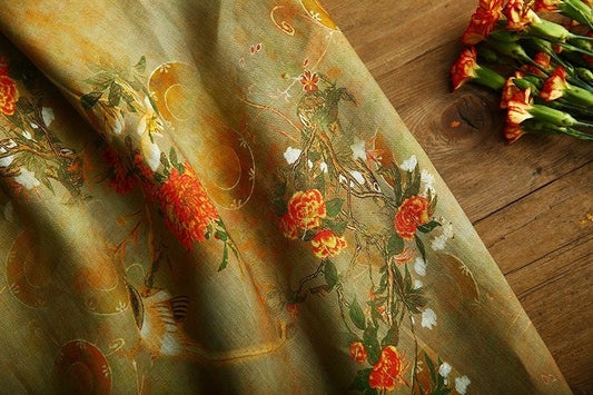 Tissu ramie peint à l'encre de Dunhuang : motif floral, 145 cm de large